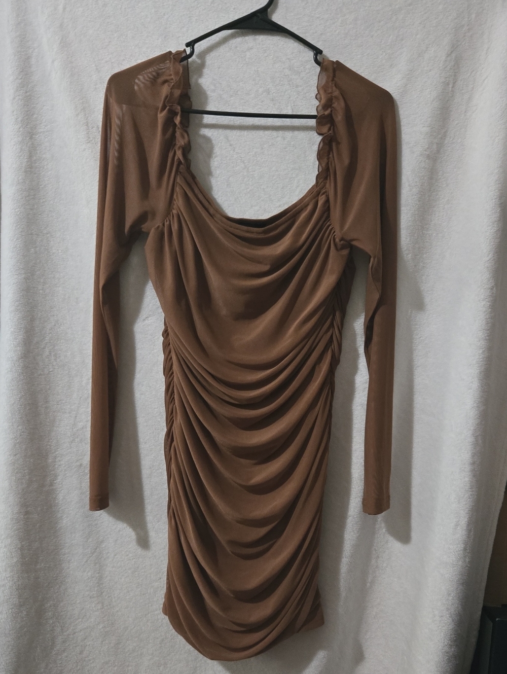 Forever 21 Brown Ruched Long Sleeve Draped Midi Dress